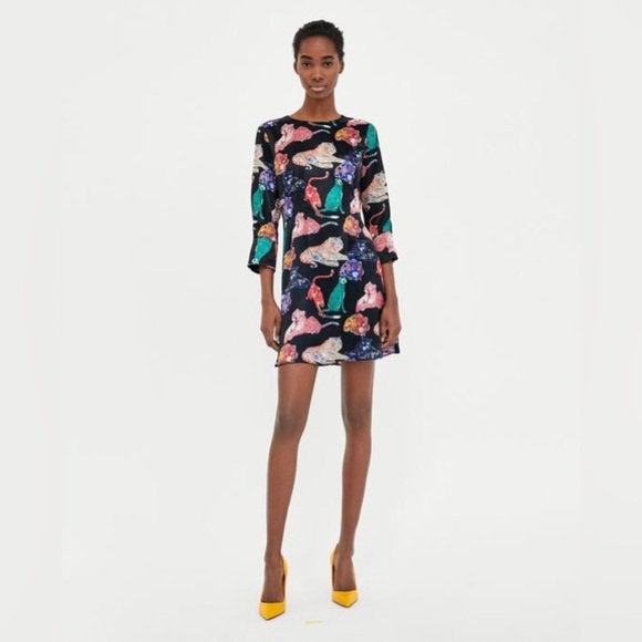 Zara Basic Black Satin Colorful Tiger Leopard Print 3/4 Sleeve Mini Dress Size M - Picture 6 of 7